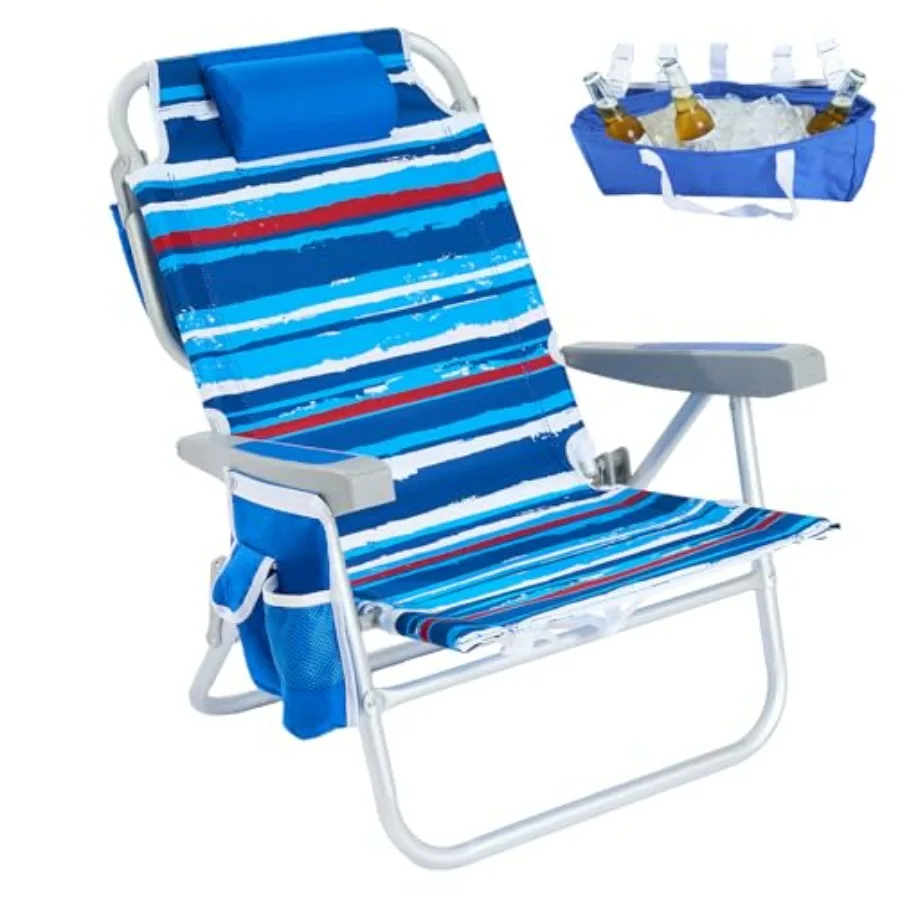 

Beach chair for outdoor/lawn/picnic/fishing: heavy-duty polyester, new bluestripe color, 5-position lay-flat recline, portable