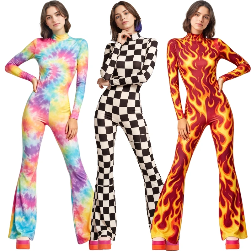 Damen Leoparden-Jumpsuit mit Schlaghose, Skelett-Design, Hochkragen, Flare-Leg-Bodysuit, Rentier-Party, Halloween-Festival, Aerial Yoga Zentai – Detail 2