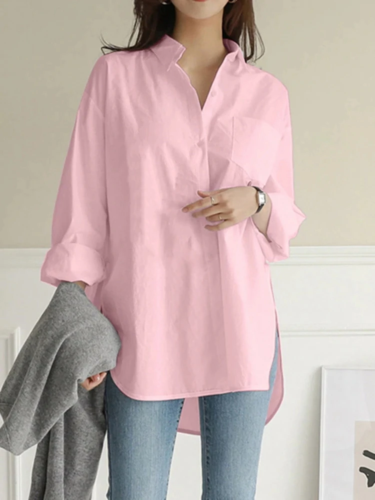 Women\'s Long Sleeve Lapel Pocket Irregular Shirt, Ladies Casual Shirt, Solid Color, Autumn Fashion, New, Plus Size, 8XL,