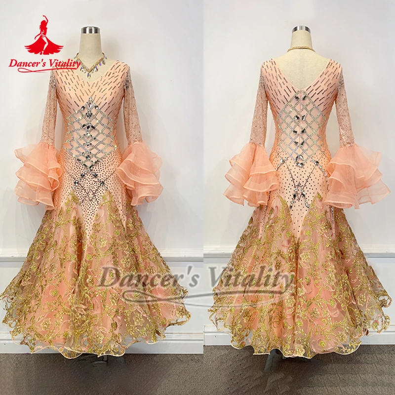 Viennese Waltz Tango Rumba Shrimp Pink Color Flared Sleeves Floral Design Dresses for Adult Advanced Customize Dancer's Vitality