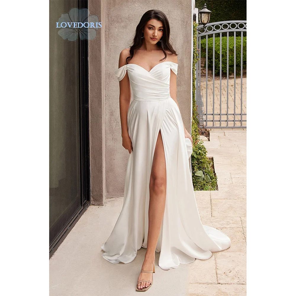 

LoveDoris Off white Bridesmaid Dress Off the Shoulder Wedding Dress Backless High Split Prom Party Dress Customize