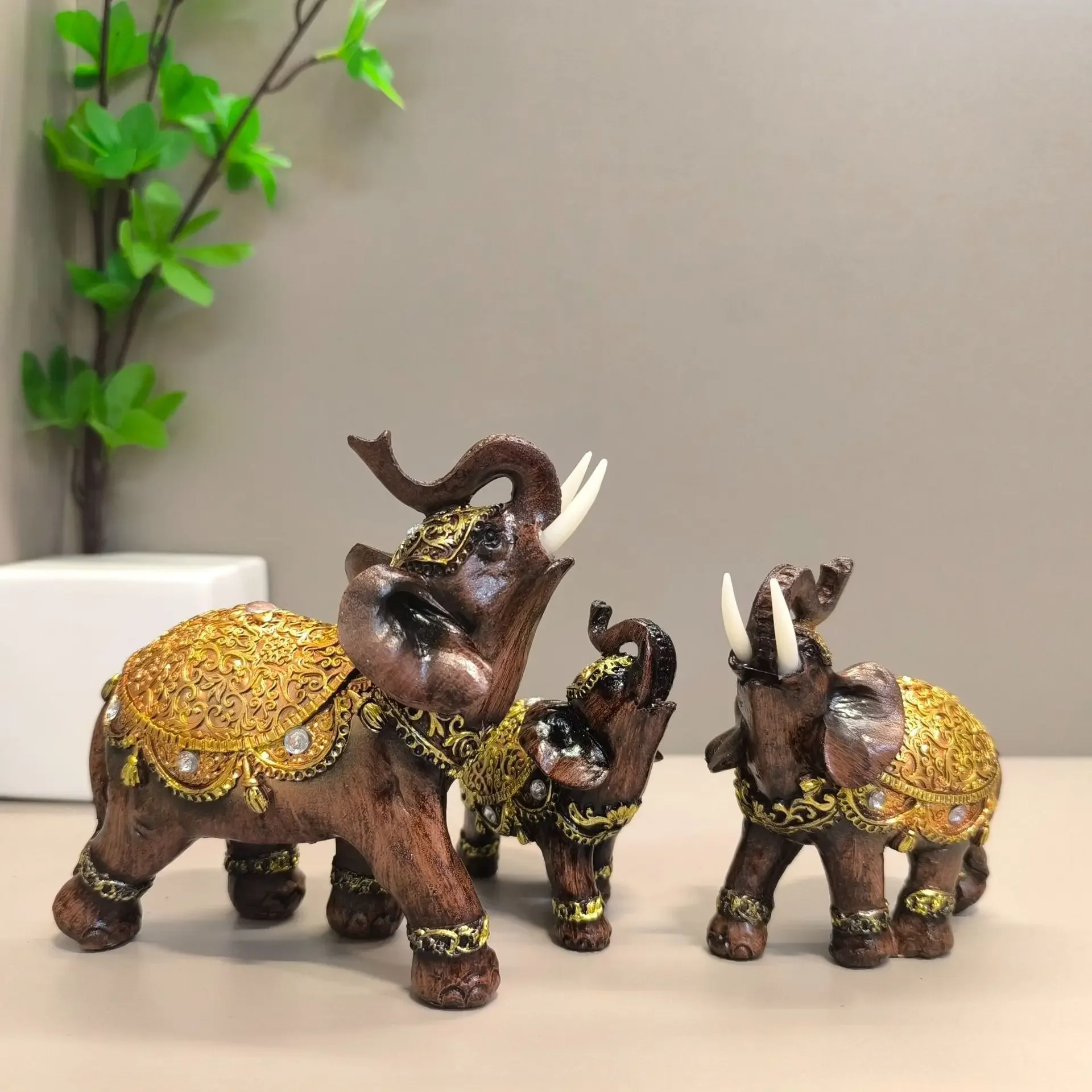 Brown Gold Imitation Wood Grain Elephant Resin Handicraft Home Decoration Desktop Guest Exhibition Hall Bedroom Office Creativit
