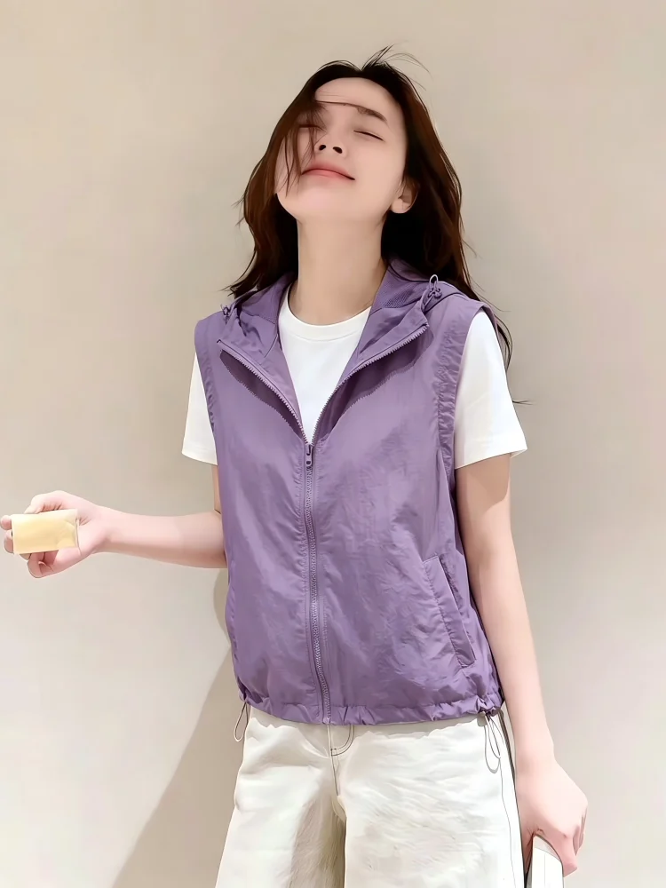 

Women's Sleeveless Hooded Vest 2024 Spring Summer Outdoor Lightweight Loose Fit Sun Protection Clothing Casual Polyester