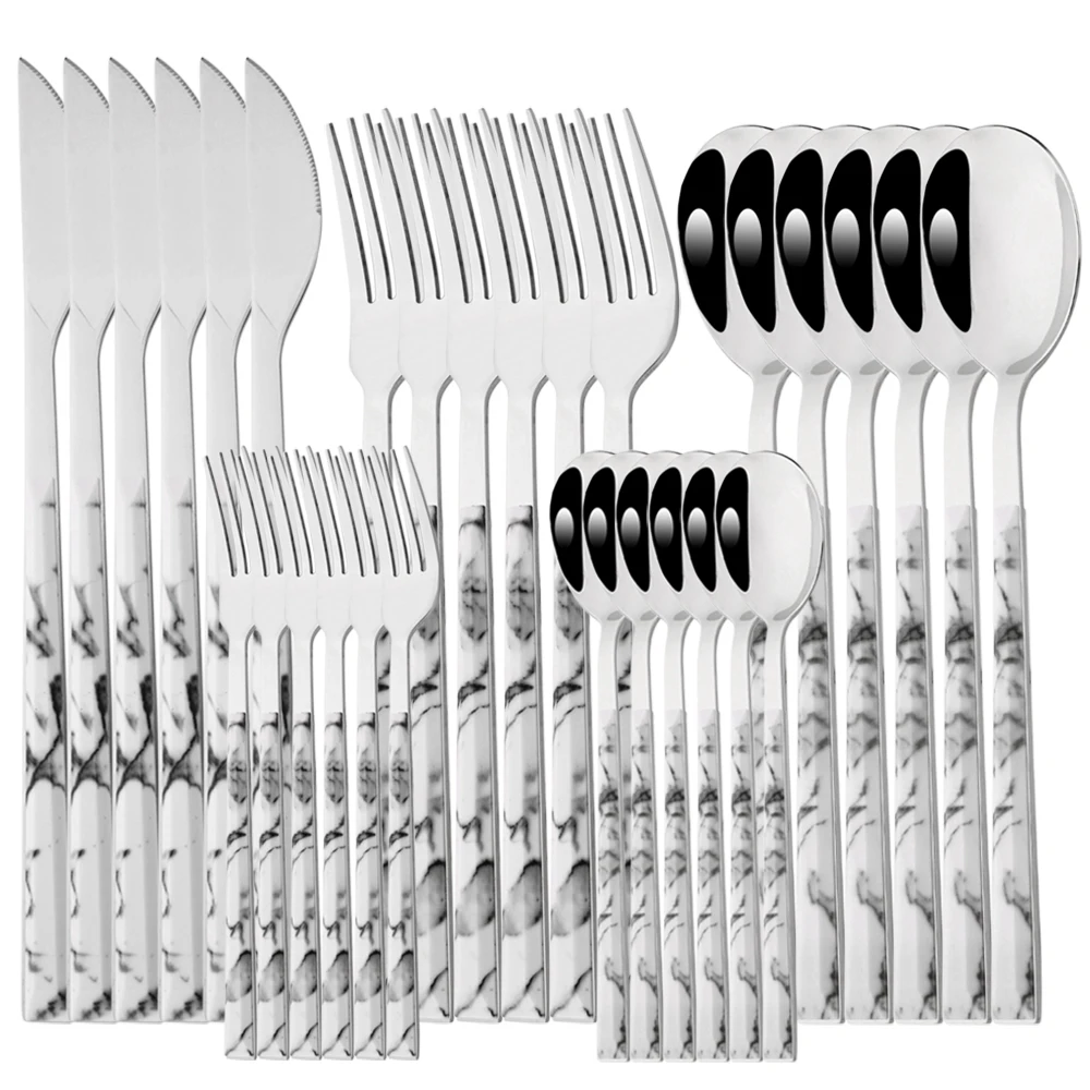 

Western Kitchen 30Pcs Dinnerware White Silver Flatware Stainless Steel Cutlery Set Dinner Knife Fork Coffee Spoons Tableware Set