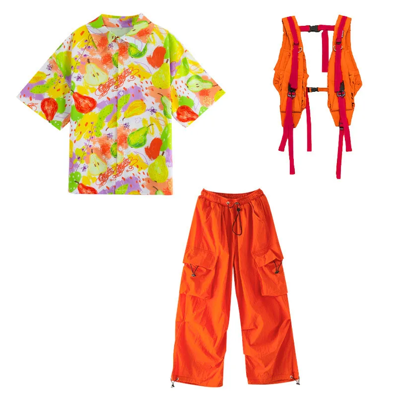 子供用KPOPヒップホップ服オレンジベストフルーツプリントシャツトップカジュアルパラシュートカーゴパンツ女の子男の子ジャズダンスコスチューム服