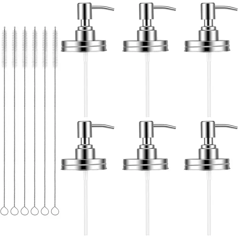BMBY-For 16 Oz For 6 Pack Masonjar Soap Dispenser Lids With Pumps, 6 Brushes Leakproof Pump Lid For Regular Mouth Masonjar