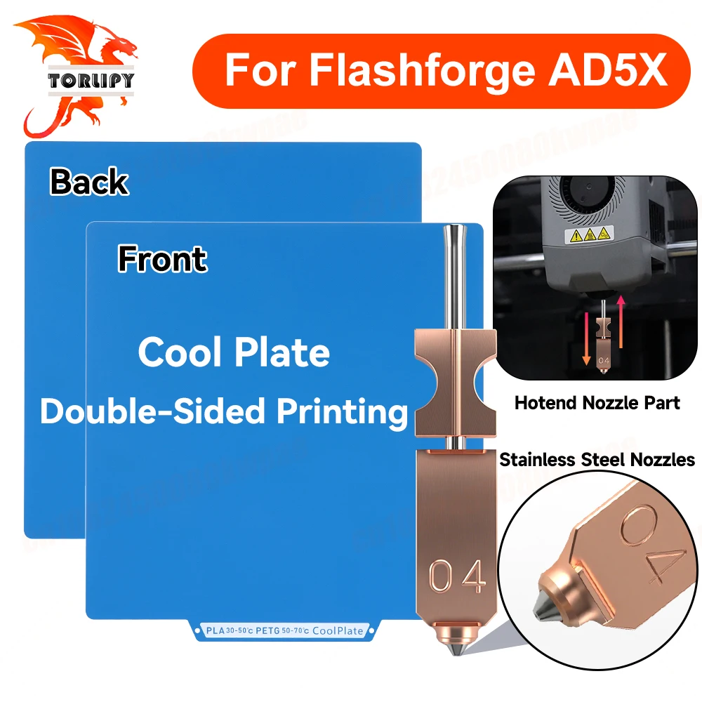 

For Flashforge AD5X Cool Plate&Nozzle 235x248mm Double-Sided Frosted Build Plate Heatbed 0.4mm AD5X Stainless Steel Nozzles