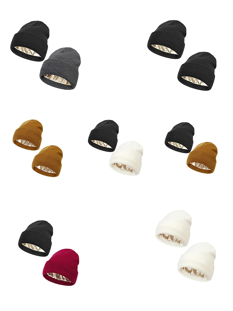 Gorro de punto con forro satinado Unisex, gorros acrílicos de invierno para mujer, forro de seda, suave, holgado, cálido, con puños, 2 uds.