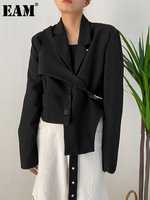 [EAM] Women Black Irreuglar Short Big Size Blazer New Lapel Long Sleeve Loose Fit Jacket Fashion Spring Autumn 2025 1DF033501