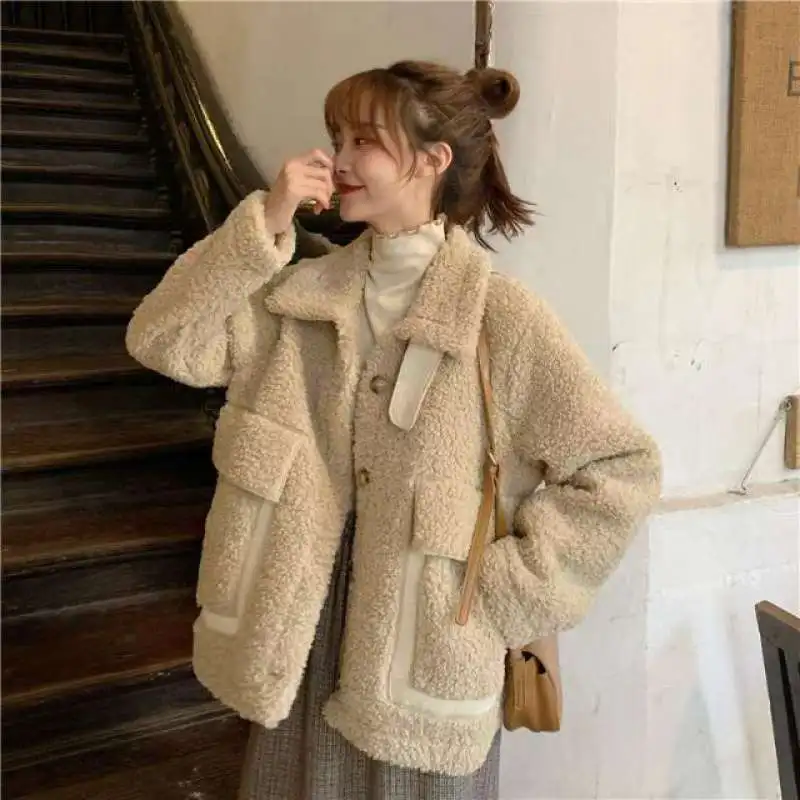 Winter Thick Warm Woolen Coat Women Casual Loose Turn-down Collar Lamb Plush Jacket Outerwear Clothing