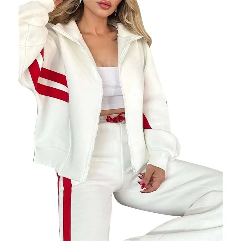 

Женский осенний спортивный костюм ABRT, комплект из 2 предметов: куртка на молнии в полоску в стиле Y2K и брюки с широкими штанинами, белый, размер L