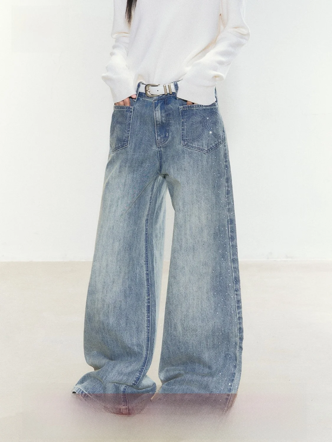 

FPMZ Galaxy Vintage Distressed Denim Pants with Big Pockets 3D Crystal Straight Leg Slimming Wide Leg Jeans