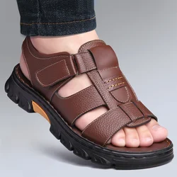 Sandales d'Extérieur en Cuir de Vache pour Homme, Chaussures de Plage, Pantoufles Antidérapantes, Semelles Optiques, Nouvelle Collection 2024