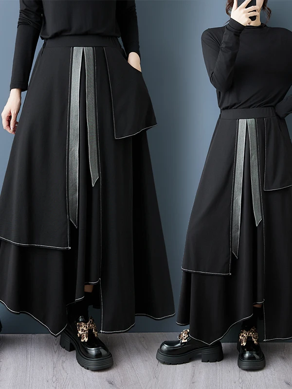 Fashionable Autumn Collection Dark Splice Slimming White Line Long A-Line Skirt Casual Loose Elastic Waist Asymmetrical Skirt