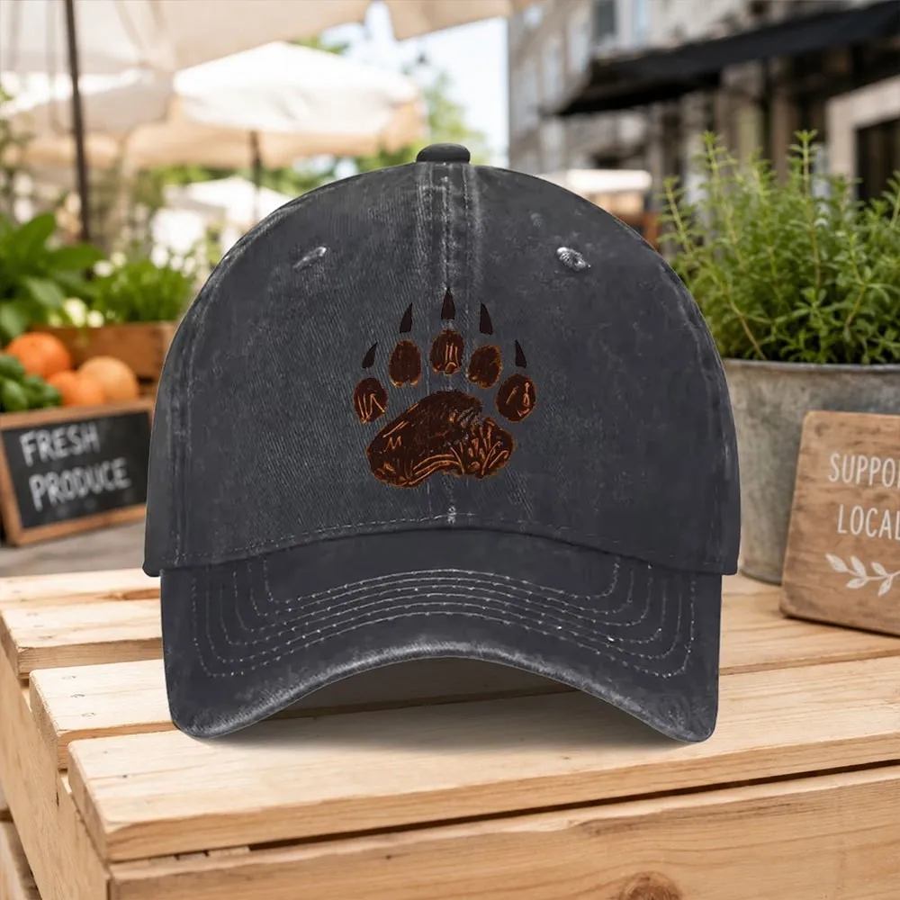 Brown-Bear-Paw-Print-Unisex-Washed-Baseball-Cap,-Black-Outdoor-Cap-for-Camping-Hiking-Fishing-Sports