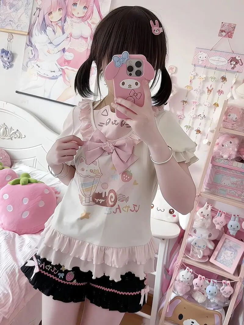 Original Cute Ice Cream Printed Short-sleeved Top 2026 Summer New Sweet Soft Girl Bow Girl Student Y2k T-shirt - view 5