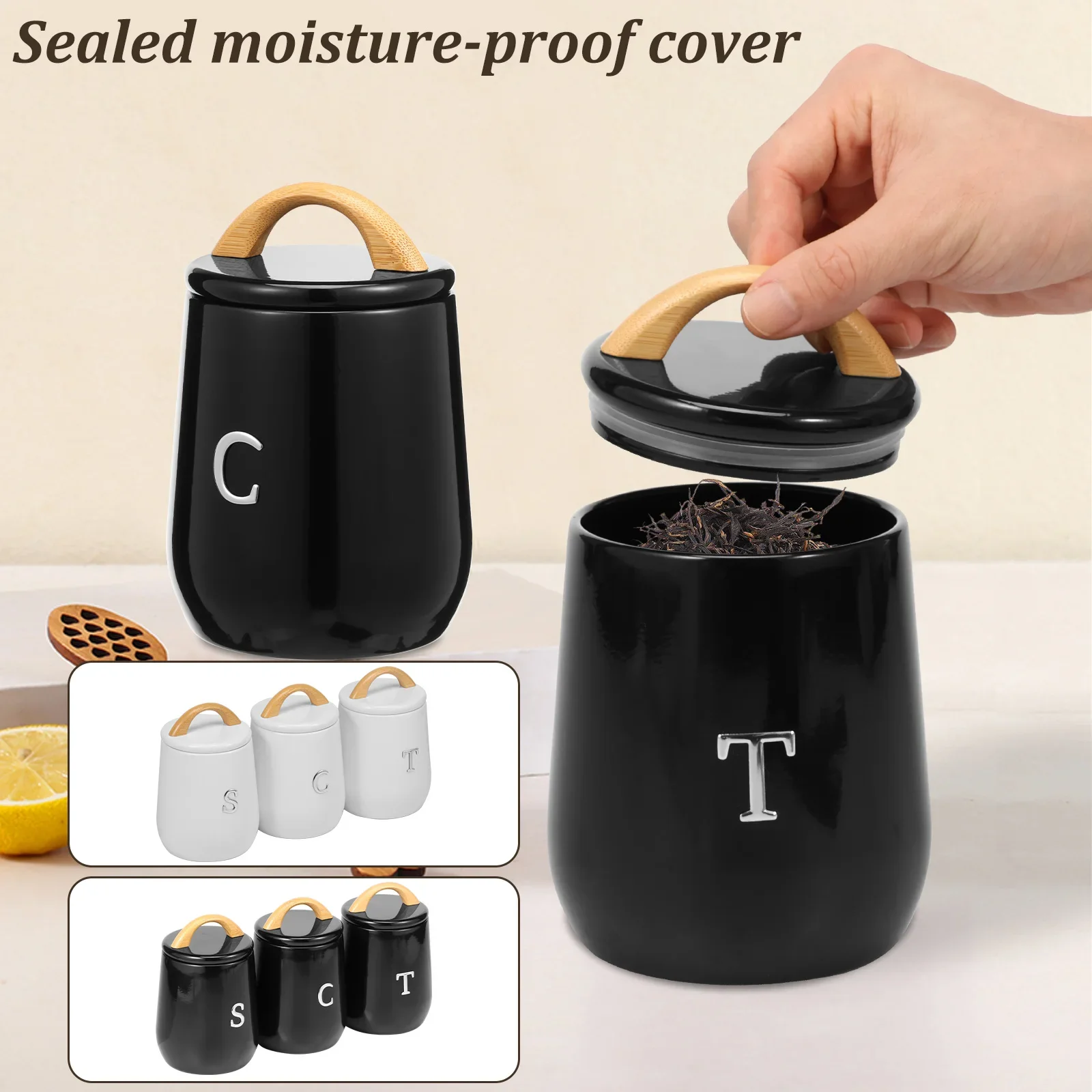 

3Pcs Kitchen Storage Jar Tea Sugar Coffee Metal Sealed Canister Set with Different Labels and Bamboo Handle Foods Storage Caddy