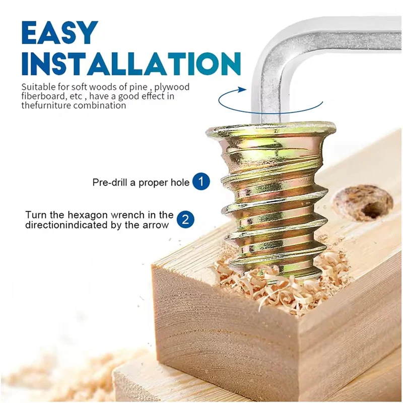 AAAF Wood Insert Bolt Fastener Connectors Threaded Inserts For Wood For Furniture Chair Table Desk Crib Bed, Fully Threaded