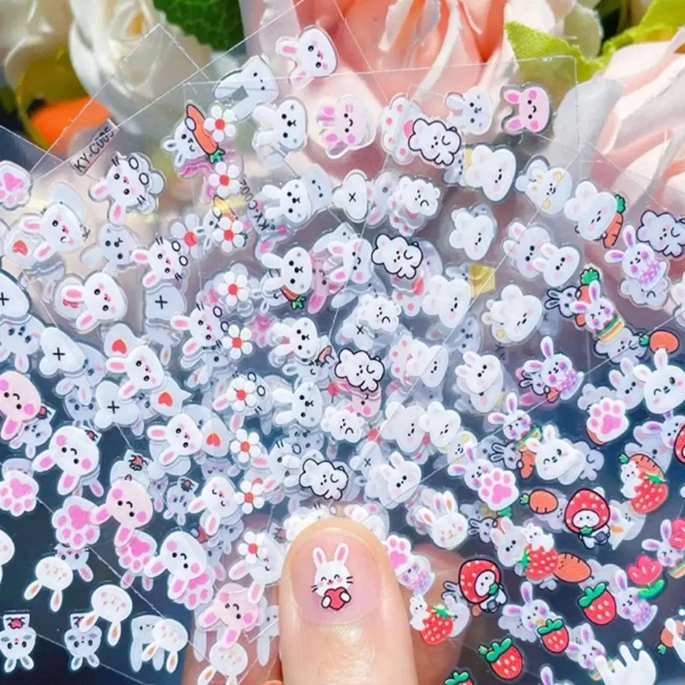 Pegatinas de uñas de dibujos animados Kawaii con lentejuelas y purpurina, calcomanías de uñas para niños, flores coloridas, conejo, calcomanía DIY para niños