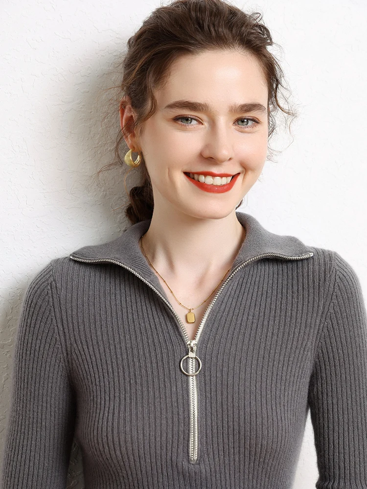 

MEETCC Autumn Winter Women Slim Fit Pullover 100% Cashmere Zipper Sweater Basic Warm Cashmere Knitwear High Stretch Jumper