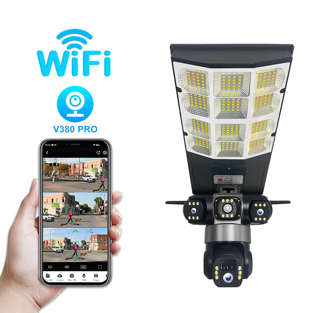 Solar WIFI Straatlantaarn HD Camera 15MP 10X Zoom Drie Lens Opname Humanoïde Tracking Buitencamera's LED Lamp Afstandsbediening
