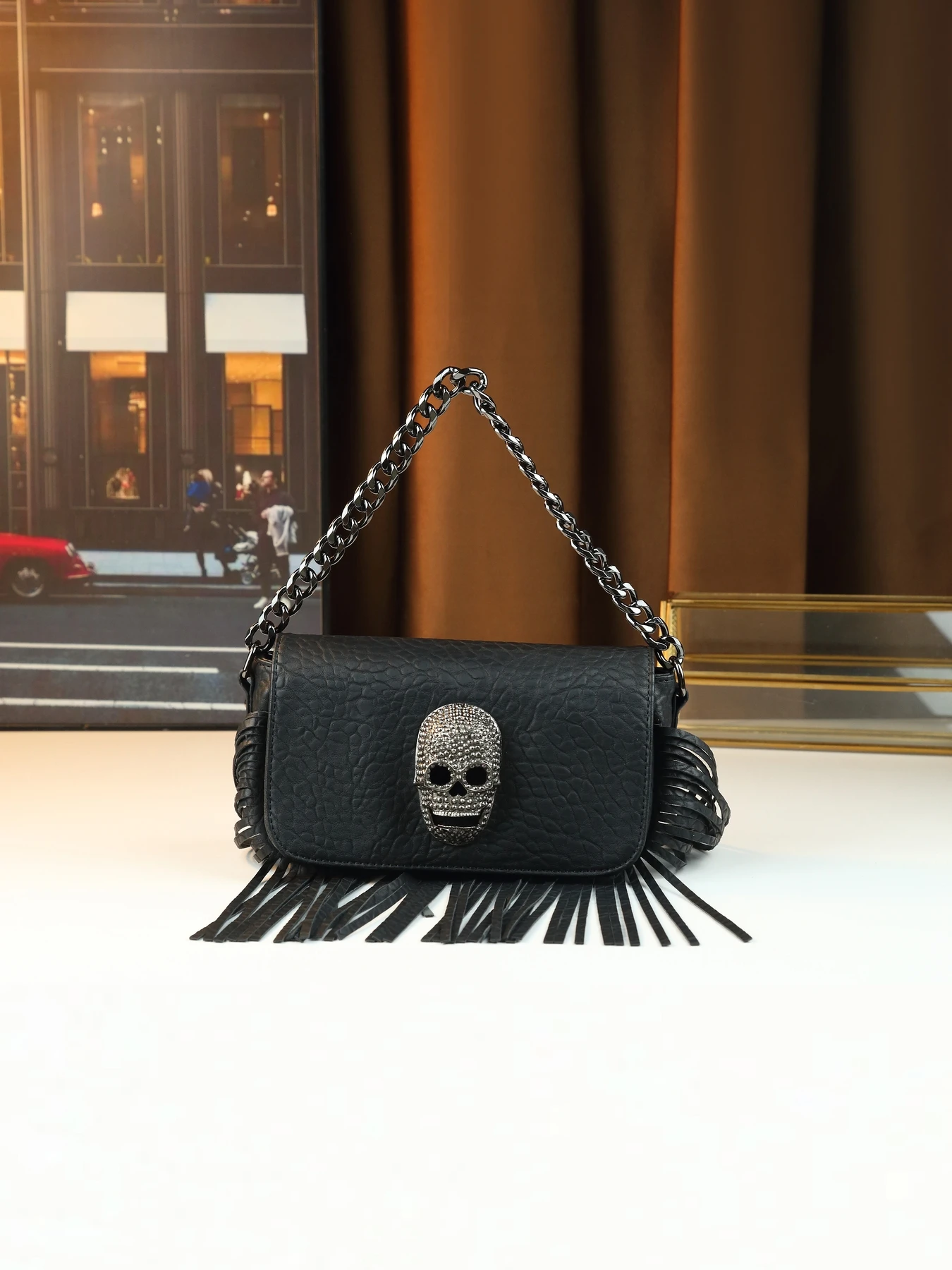

Funny Halloween Skull Tassel Shoulder Small Square Bag Crossbody Bag Black Women's Bag