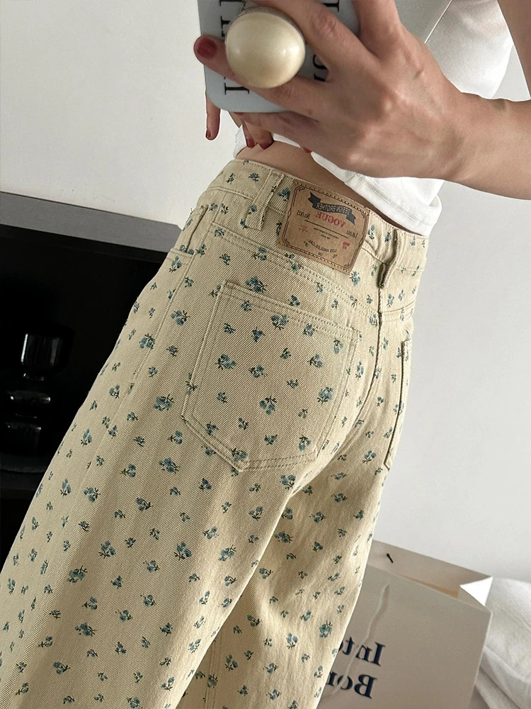 

High Waist Wide Leg Floral Print Khaki Denim Jeans Women's Loose Fit Straight Cut Blue Jeans Casual High Waist Slimming Pants