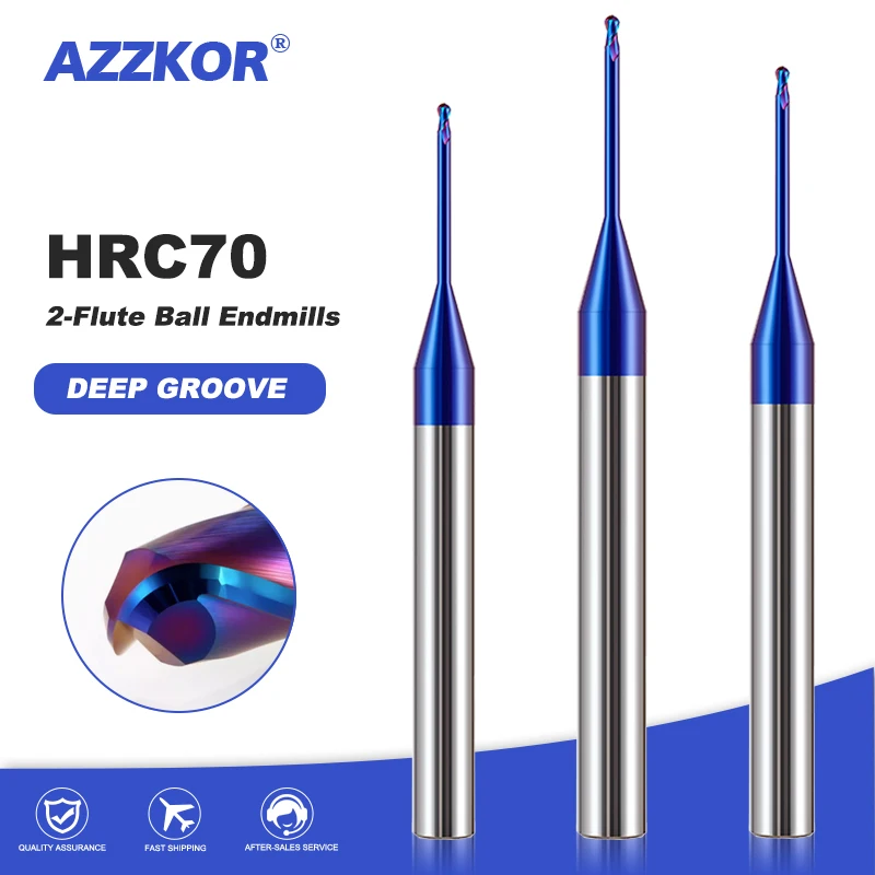 AZZKOR HRC70 Tungsten Steel Carbide Blue Nano Coating 2-Flute Deep Groove Ball Nose Endmill CNC Machine Machining Milling Cutter