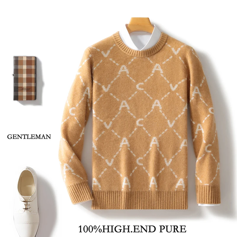 Autumn And Winter New Round Neck 100% Pure Wool Men's Color Matching Thick Sweater Loose Casual Knit Bottoming Shirt