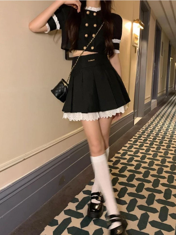 New in 2 Piece Set Short Sets Summer Fashion Black Casual Short Skirt Elegant O-Neck Korean Version Commuter Women's Clothing