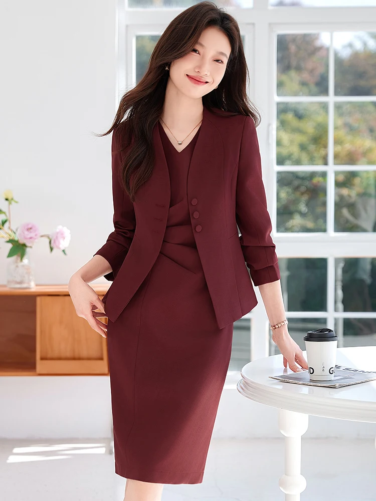 Setelan Bisnis Wanita Formal Gaya Elegan Set Blazer Pakaian Kerja Kantor Profesional dengan Gaun dan Jaket Mantel Wawancara Karir