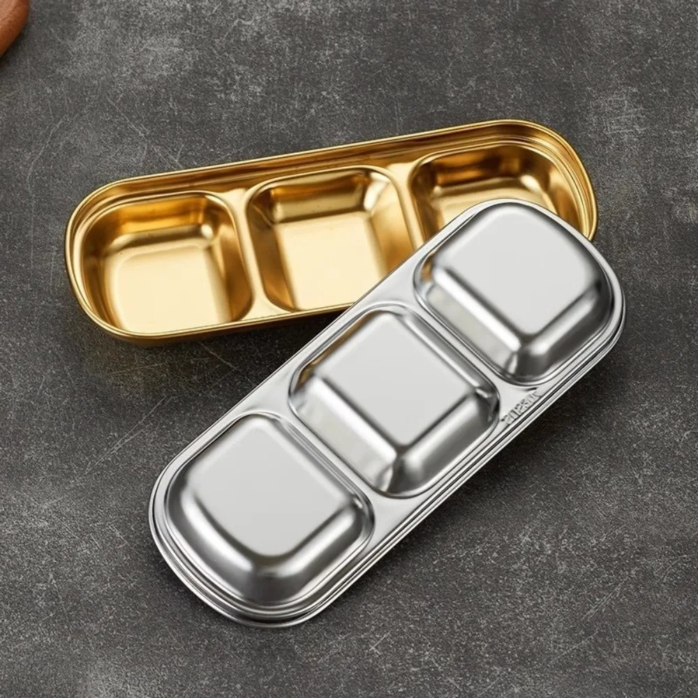 304 Stainless Steel Sauce Bowl Divided Compartments Anti Rust Condiment Tray Silver/Gold Dipping Dish Barbecue Dinner