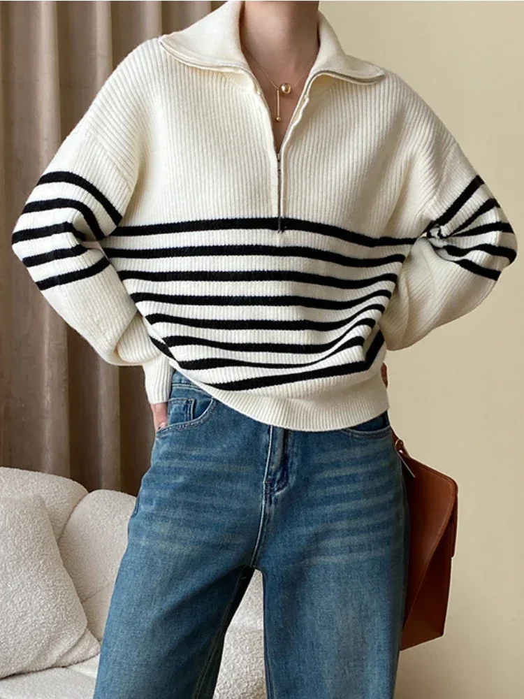 Fashion Black White Stripe Korean Sweater Zipper Turn-down Collar Pullover Women Casual Loose Knit Long Sleeve Vintage Sweaters