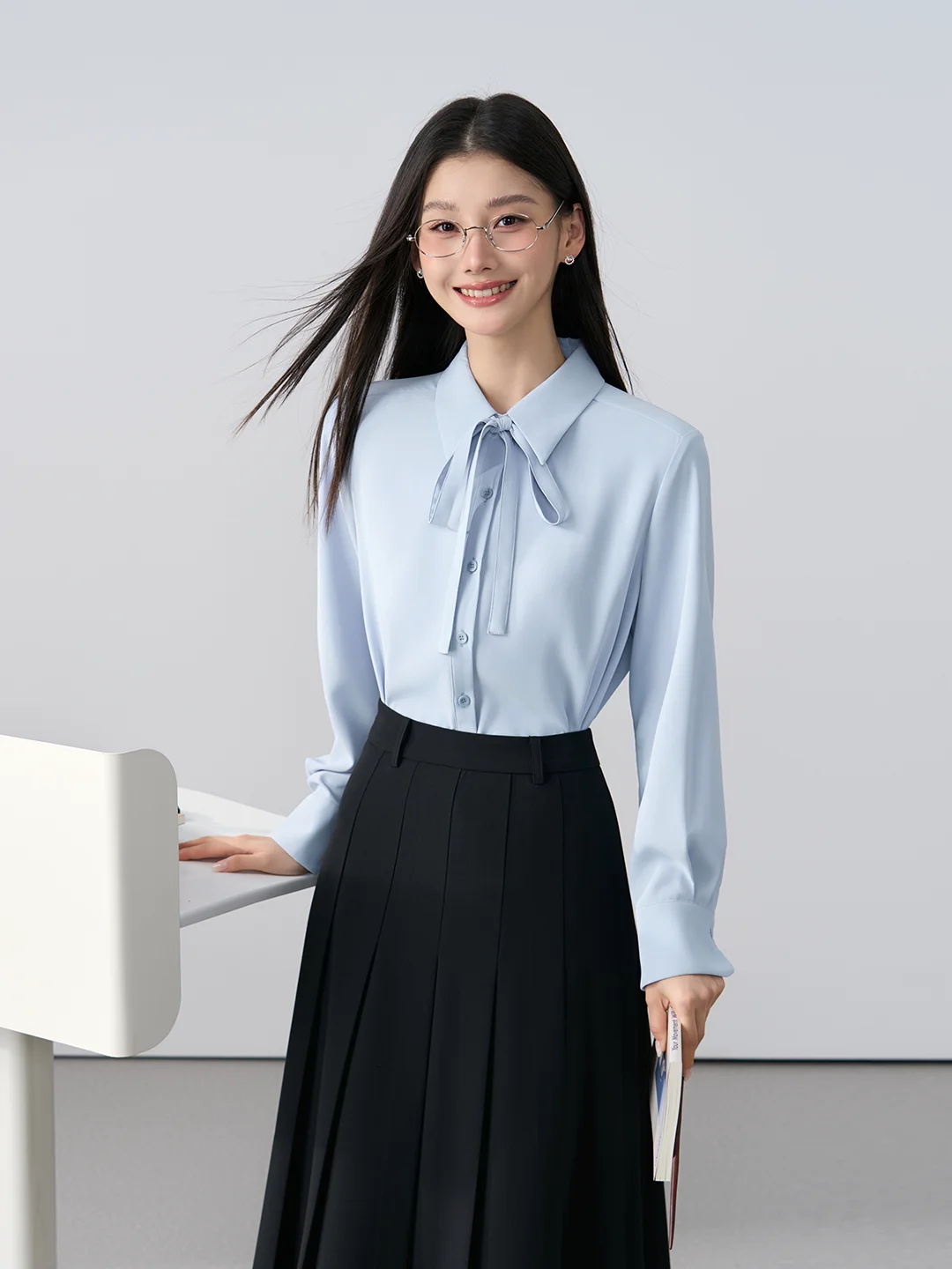 

Женская профессиональная офисная блузка Miss Bird с синим бантом, для собеседований, базовая, простого стиля, свободного кроя, с длинным рукавом