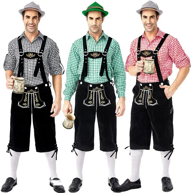 A Mens Oktoberfest Bavarian Beer Costume German Bavarian Shorts Outfit Overalls Shirt Hat Suspenders Short Set Halloween Costume