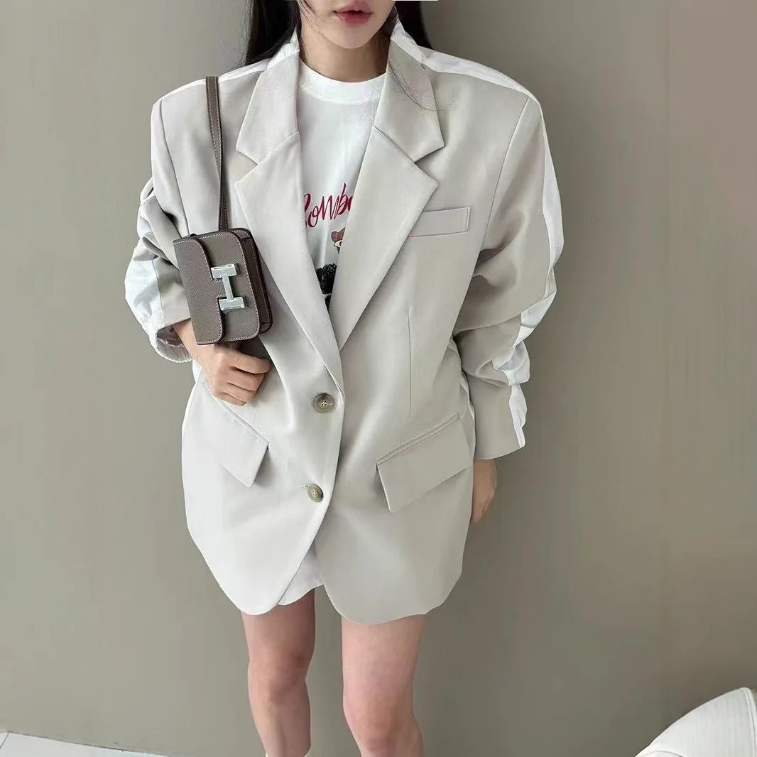 

SuperAen Korean Style Patchwork Long-sleeved Suit Jacket for Women Design Elegant Notched Simple Single Beasted Casual Coats