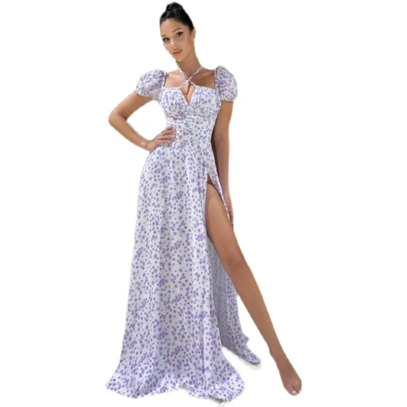 فستان طويل أنيق مطبوع عليه زهور وأكمام فقاعية ورقبة على شكل حرف V للنساء على طراز الشارع بخصر عالٍ وأكمام قصيرة