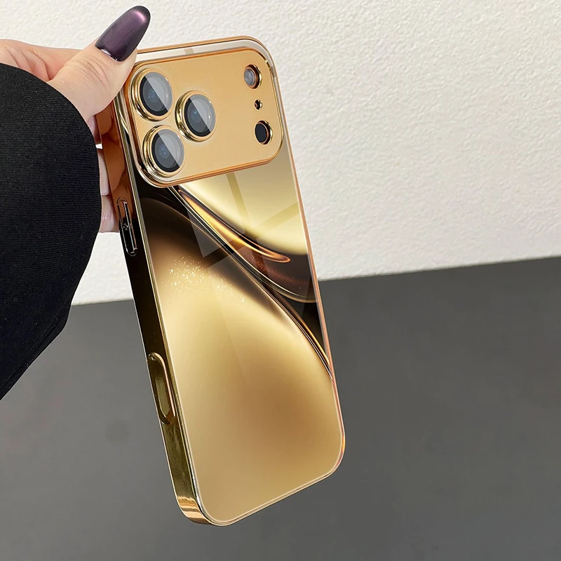 

Luxury Gold Streamlined Abstract Metallic Paint Glass Phone Case For iPhone 17 Pro Max 11 12 13 14 15 16 Plus 17 Air 16E Cover
