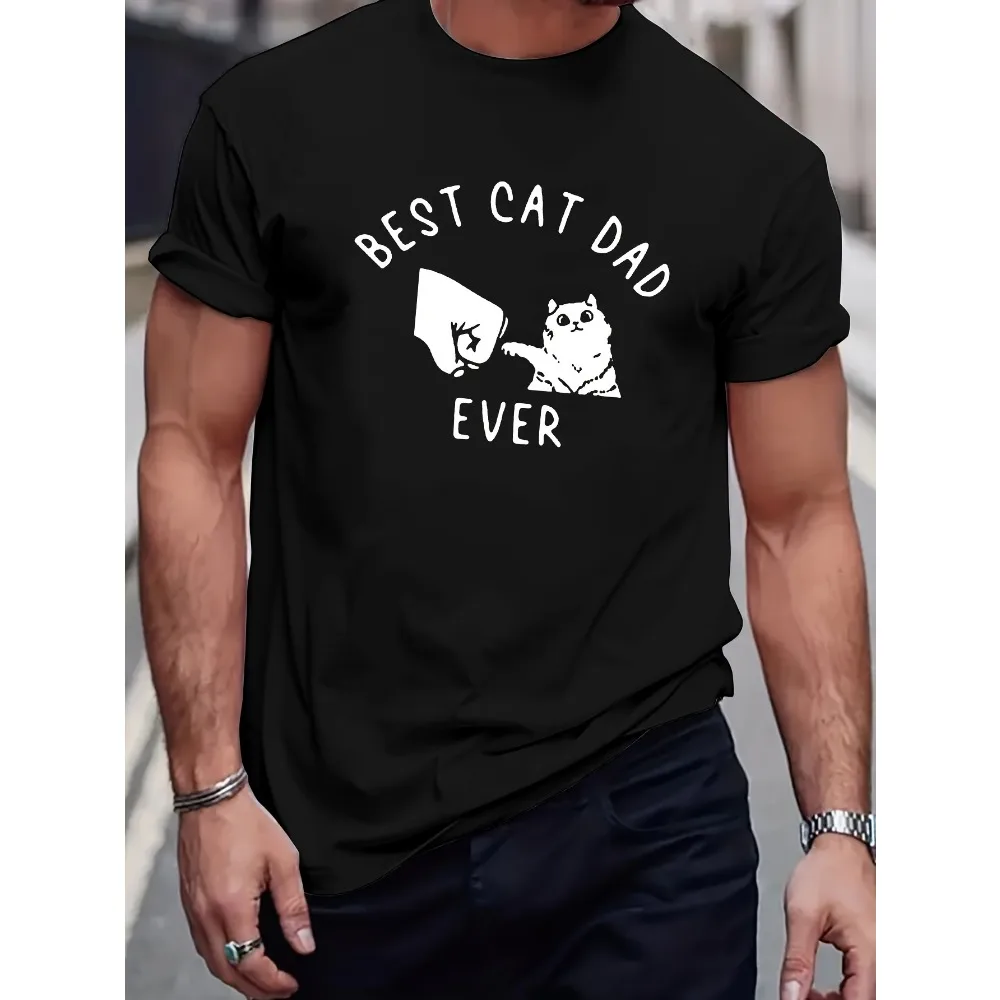 Best Cat Dad Ever Print Men's Trendy Short Sleeve T-shirts Comfy Casual Breathable Tops for Men's Fitness Training