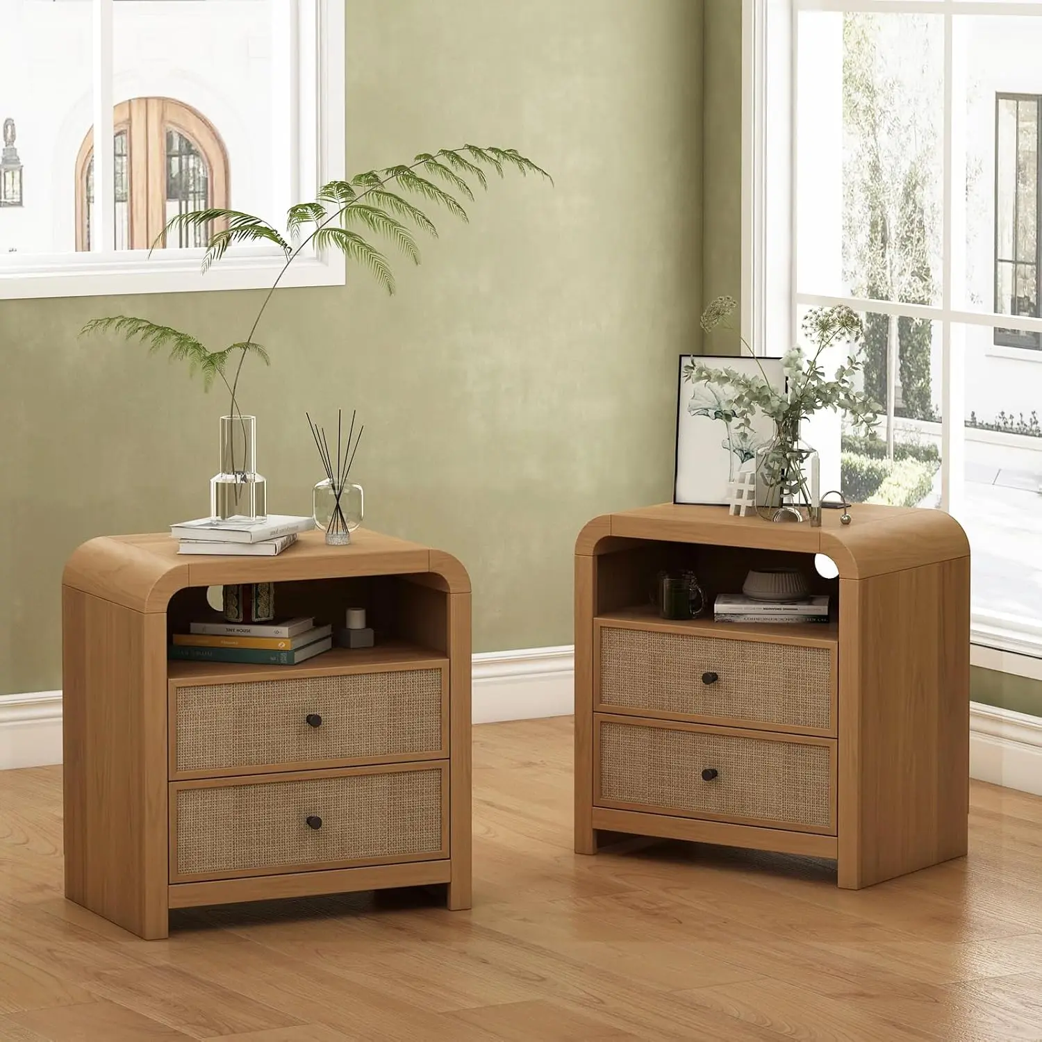 Curved arc frame rattan nightstand with two large drawers