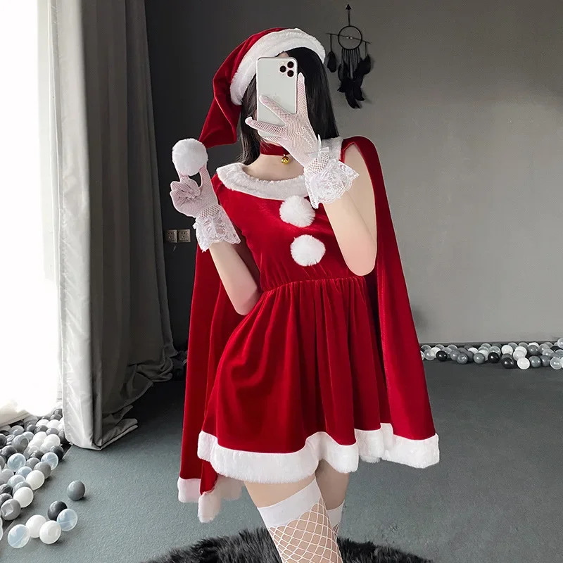 

Women Christmas Dress with Hooded Cape Sexy Bunny Girl Shawl Santa Claus Outfit New Year's Costume Cloak Xmas Cosplay Halloween