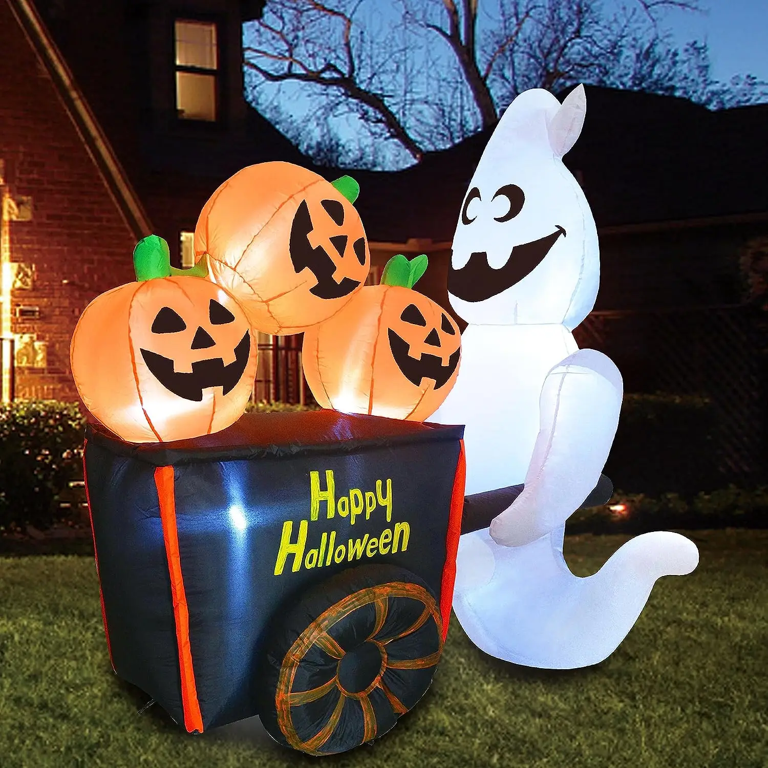 

6 FT Halloween Inflatable Ghost Pushing Pumpkin Cart with Build-in LEDs Blow Up Inflatables for Halloween Party Yard Outdoor Toy