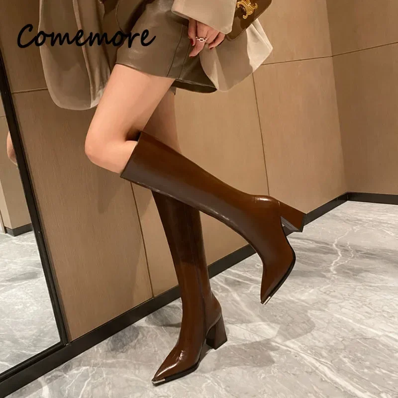 Comemore Fashion Side Zippers Long Booties Ladies Elegant High Heel Shoes Winter Women\'s Footwear Pointed Toe Women High Boots