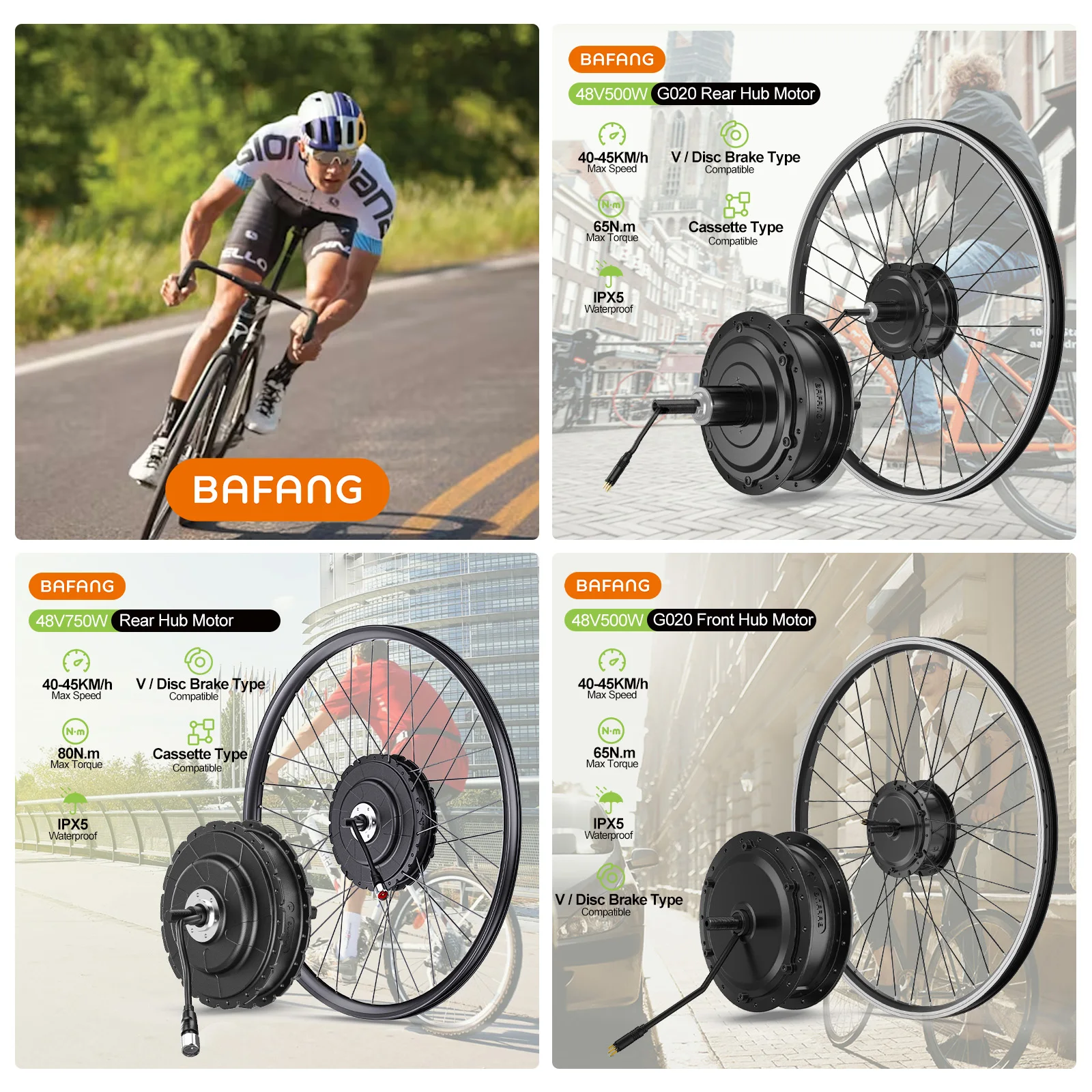 طقم تحويل الدراجة الكهربائية Bafang ، محرك أمامي ومحور محوري ، ترس بدون فرش ، محرك عجلة ، دراجة ، 20-29 بوصة ، 700C ، 48 فولت ، خلفي W ،