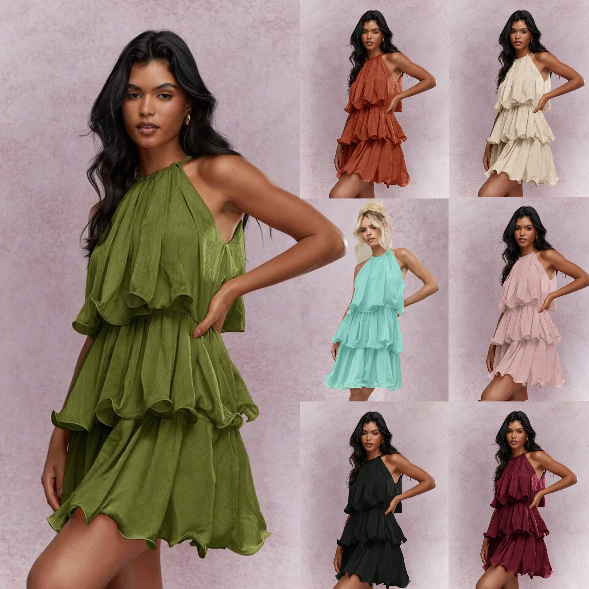 

Halter Neck Sleeveless Chiffon Dress Ruffle Hem Midi Gown for Women Summer Party Wedding Guest Beach Vacation Formal Occasion