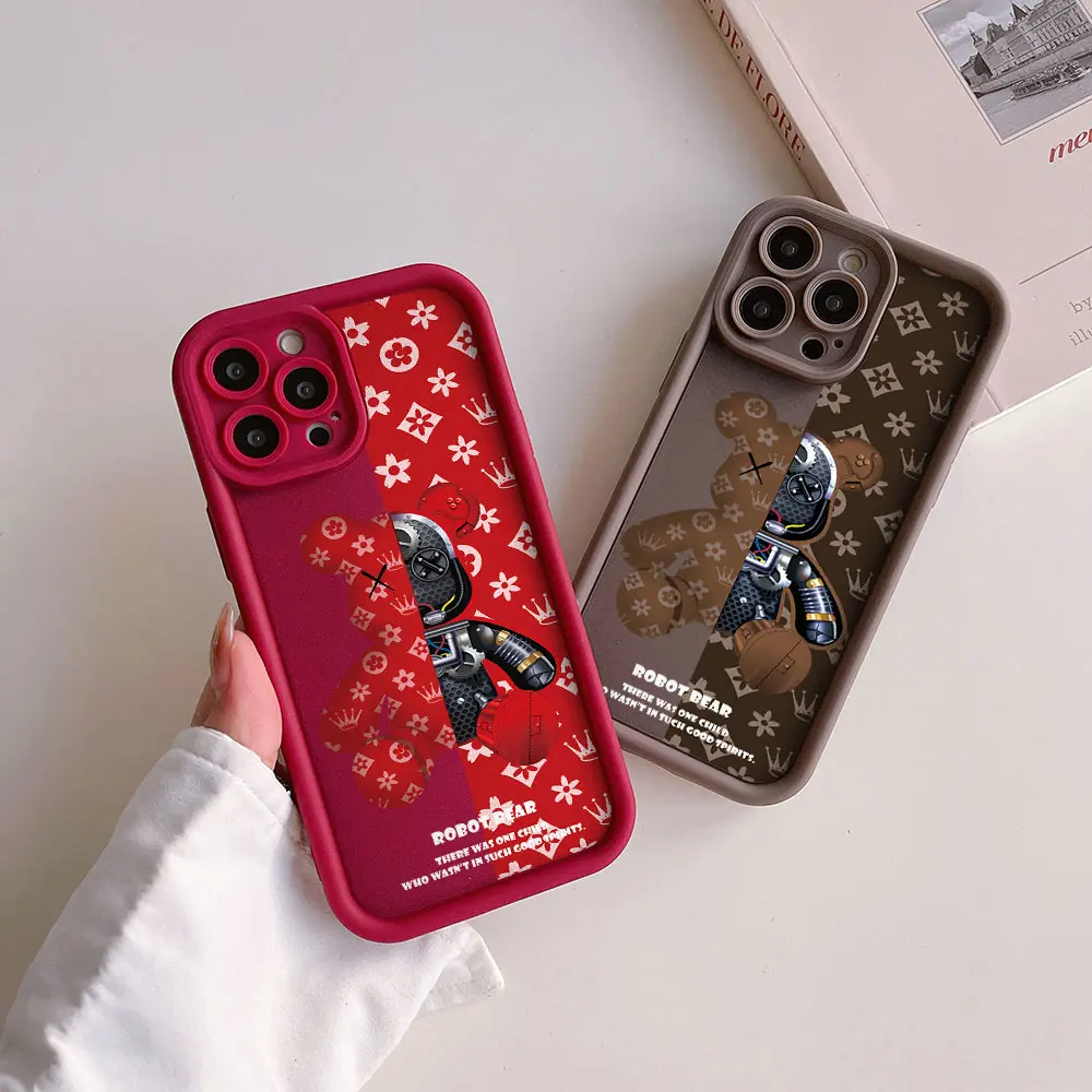 Cartoon Robot Bear Camera Protection Case For iPhone 15 14 13 12 11 Pro Max Mini XR XS X 7 8 Plus SE20 Soft TPU Back Cover Funda