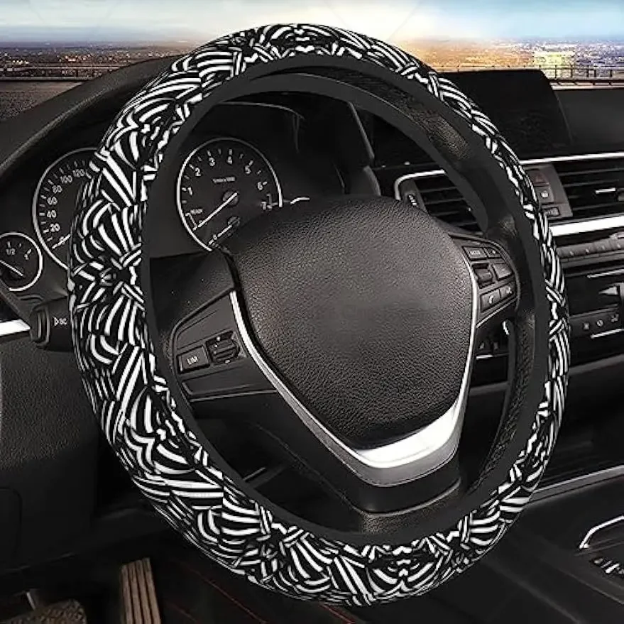 Black and White Lines Car Steering Wheel Cover High Elastic Chloroprene Rubber Eco-Friendly Durable Car Interior Universal 15 in