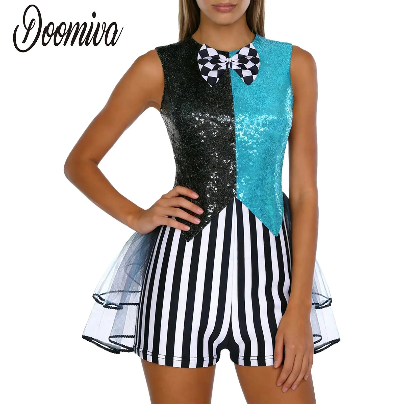 

Women Halloween Mad Clown Costume Cosplay Jumpsuit Jazz Ballet Dance Dress Color Block Sequin Tiered Tulle Bodysuits with Bowtie