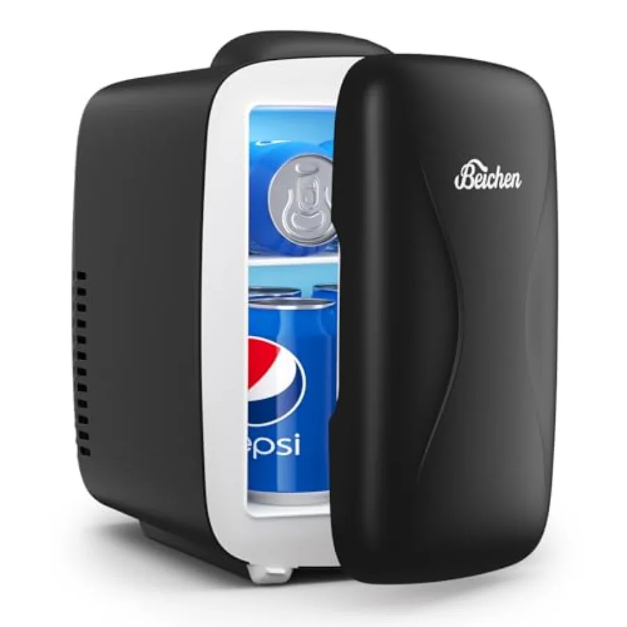 

Mini fridge for bedroom, office, car: 4L/6-can portable cooler and warmer with fast cooling, ultra-quiet operation, compact bla