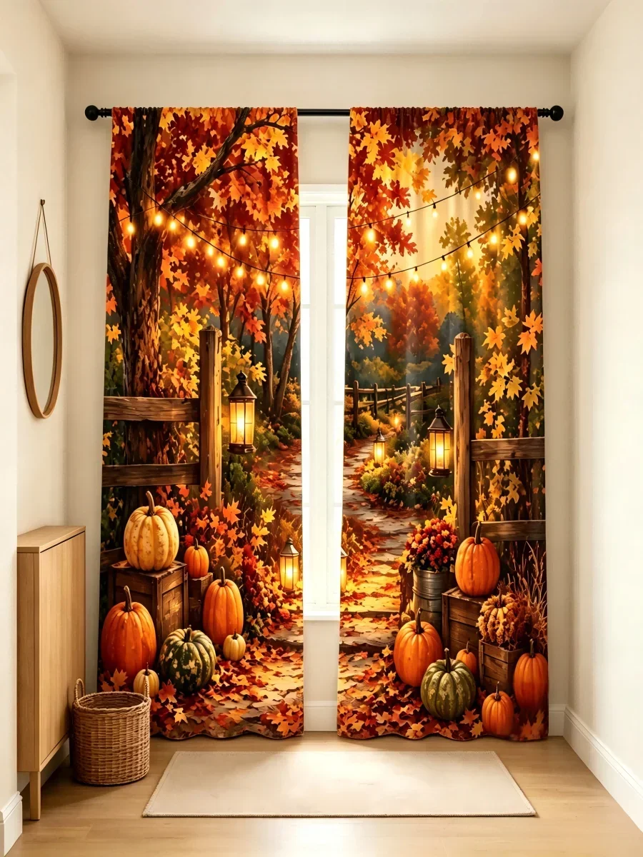 Lot de 2 rideaux imprimés numériquement, motif Chemin de la Récolte d'Automne avec citrouilles, feuilles d'érable et lanternes, décoration style ferme pour Thanksgiving